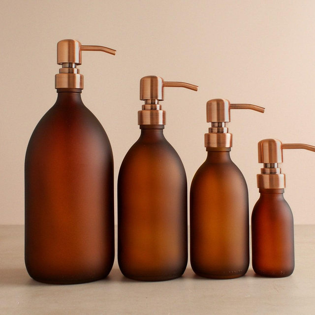 Frosted Amber Glass Bottle - Refillable Coloured Soap Dispenser With Metal Rose Gold Pump | For Shampoo, Conditioner, Hand Cream | Reuse