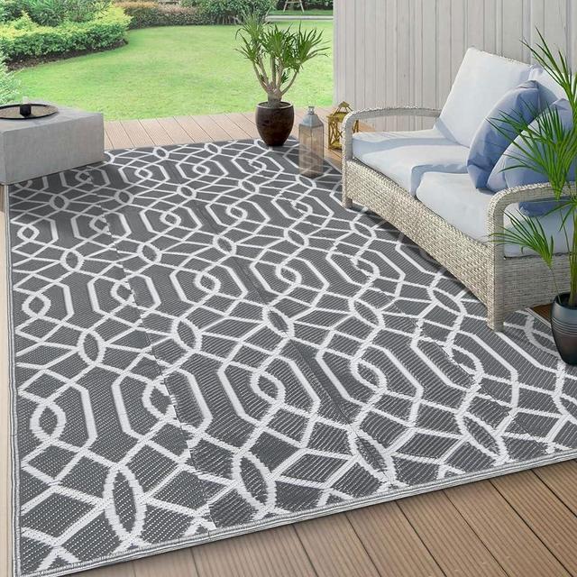 HEBE Outdoor Rug for Patios Clearance 6'x9' Waterproof Reversible Patio Mat Plastic Outside Camping RV Rug Geometric Area Rugs Carpet for RV,Patio,Deck,Balcony,Camper,Porch,Tent