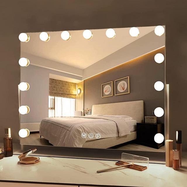 FENCHILIN Vanity Mirror with Lights, White Hollywood Lighted Makeup Mirror with 15 Dimmable LED Bulbs Rotation for Dressing Room & Bedroom, Tabletop or Wall-Mounted, Espejo de Tocador con Luz