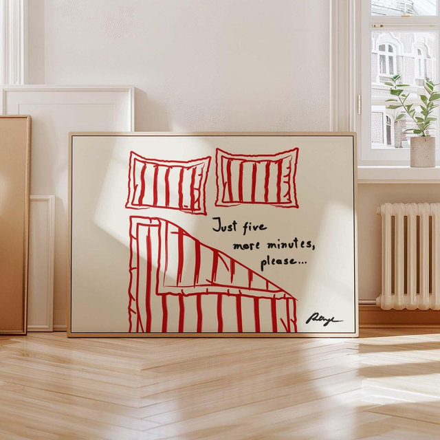 Just 5 more minutes print horizontal: Hand-Drawn Bedroom Wall Art, Funny Stay in Bed Poster