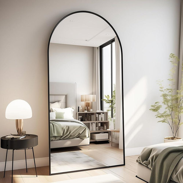 Dewfig Arched Full Length Mirror, 76"*34", Large Floor Mirror with Stand, Full Body Mirror Standing Mirror for Leaning Hanging Bedroom, Living Room,Dressing Room, Aluminum Alloy Frame, Black