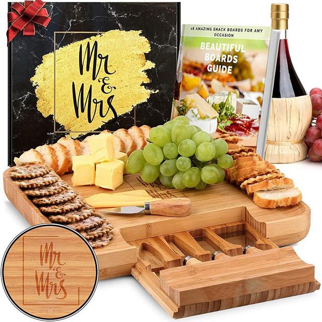 DELUXY Mr. and Mrs. Cheese Board | Perfect Bridal Shower Gifts For Bride, Wedding Gifts For Couples, Engagement Gifts For Couples | FREE Charcuterie Boards Guide & Best Wishes Card Included