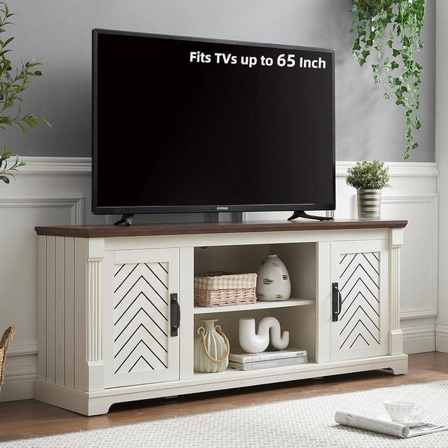 Minifeel Farmhouse TV Stand for 65+ Inch TV, 25" Tall Entertainment Center with Barn Door, Rustic TV Stands for Bedroom with Adjustable Shelf, Wooden TV Consoles for Living Room, Antique White