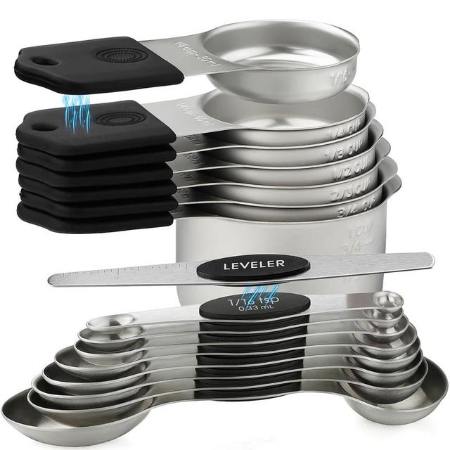 Magnetic Measuring Cups and Spoons Set Stainless Steel Stackable 7 Magnetic Metal Measuring Cup 8 Magnetic Measuring Spoon with Leveler for Dry Liquid Ingredient