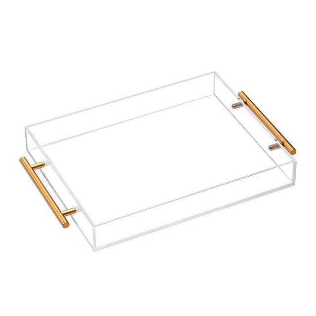 Clear Acrylic Lucite Serving Tray with Metal Handles,11x14 Inch,Decorative Storage Organizer with Spill-Proof Design,Serving for Coffee,Breakfast,Dinner and More