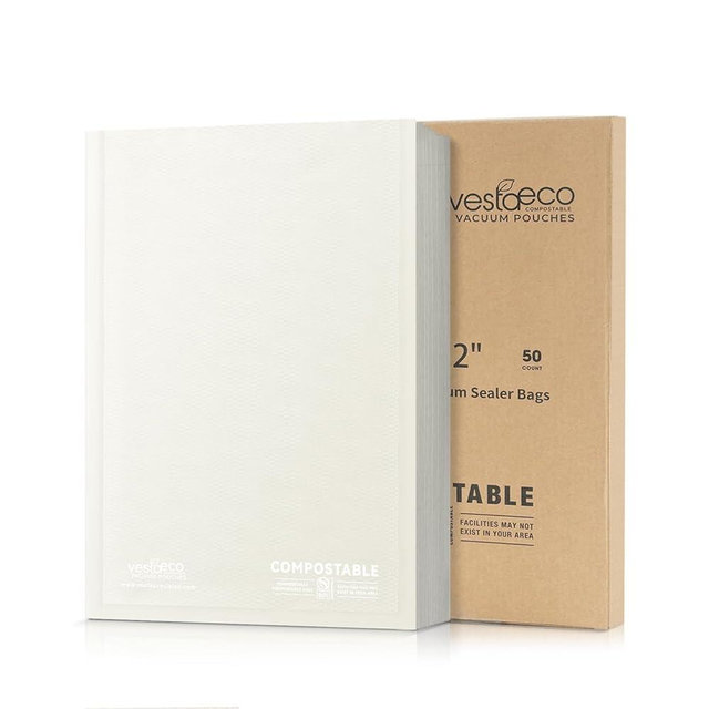 VestaEco Compostable Vacuum Sealer Bags for food, 50 Quart 8" x 12" Precut, Heavy-Duty Embossed Vacuum Seal Bags for Food Saver, BPA-Free, for Storage, Meal Prep or Sous Vide