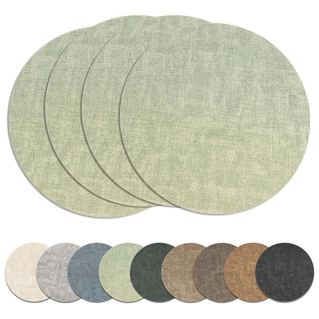 13" Round Placemats Set of 4, Reversible Faux Leather Heat Resistant Table Mats, Waterproof Oilproof Wipeable Table Protective Placemats for Vinyl, Washable for Indoor & Outdoor Use (4, Light Green)