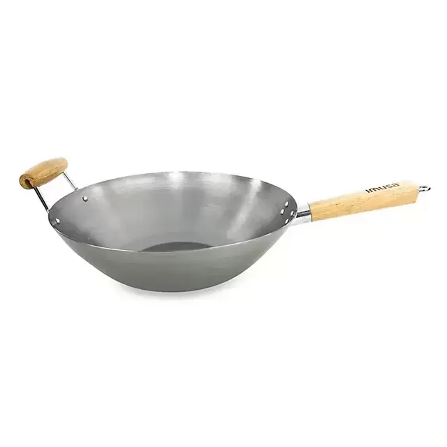 IMUSA® 14-Inch Natural Carbon Steel Wok with Wood Handle