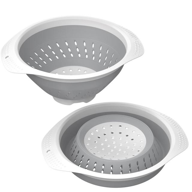 Vremi 5 Quart Collapsible Colander - BPA Free Silicone Food Strainer with Plastic Handles - Heavy Duty Foldable Heat Resistant Pasta and Veggies Kitchen Drainer Steam Basket - Dishwasher Safe - Gray