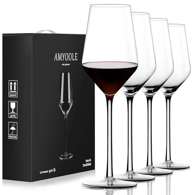 Amyoole Red Wine Glasses Set of 4,15 oz Lead-Free Crystal Clear Wine Glass, Hand-Blown Italian White Wine Glass, Great Gift Packaging