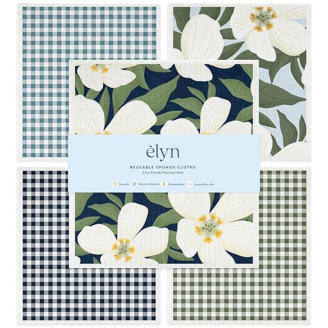 ELYN Swedish Dishcloths, Reusable & Washable Sponge Cloths, Absorbent Cleaning Paper Towels for Kitchen, Dishes, Counters and More, 5 Pack, Assorted Magnolia & Gingham Patterns