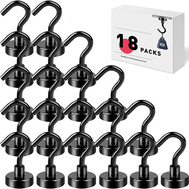 LOVIMAG Magnetic Hooks，25Lbs Black Magnet Hooks for Cruise Cabin, Magnetic Hooks for Hanging, Fridge, Classroom, Refrigerator, Ceiling, Office, Kitchen. Grill, Garage-18Pack