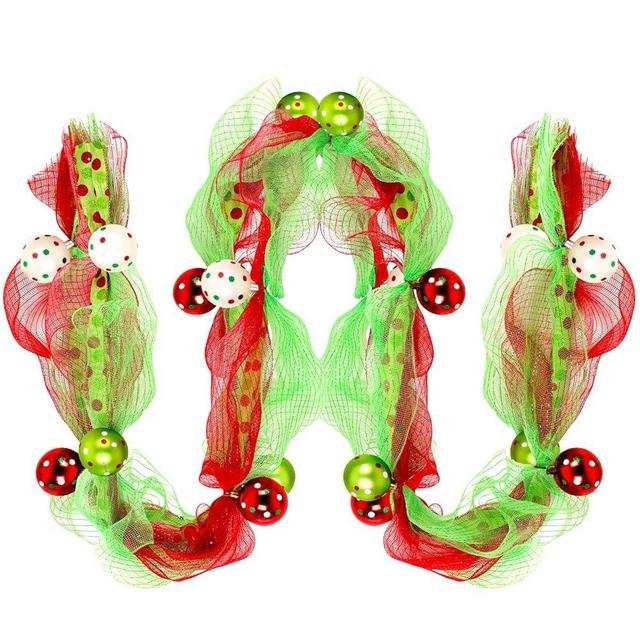 Jutom 18 ft Christmas Garland with Ball Red and Green Mesh Christmas Garland Wreath Ribbon Elf Peppermint Candy Christmas Decoration for Xmas Tree Mantel Front Door Stairs Outdoor Indoor Party Decor