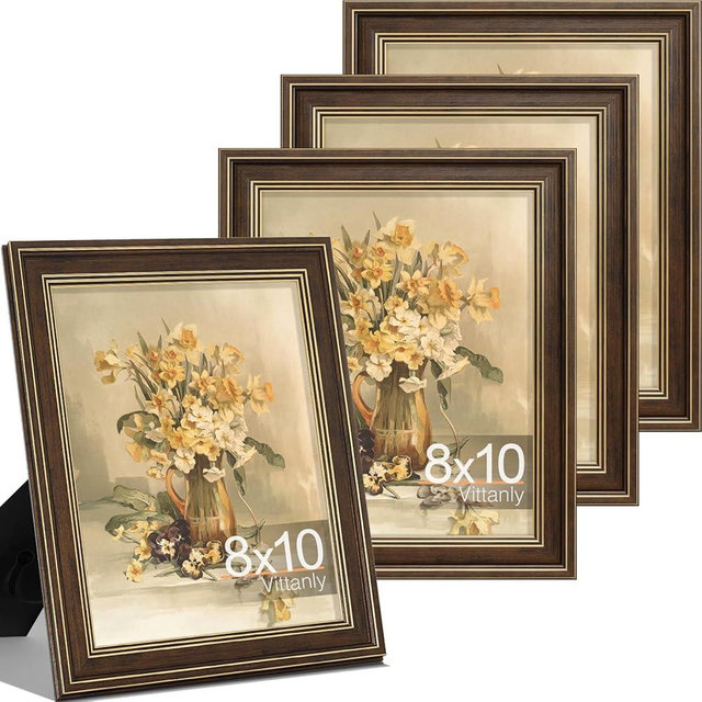 Vittanly 8x10 Picture Frame Set of 4, Vintage Photo Frame for Wall or Tabletop, Display 5x7 Pictures with Mat or 8x10 without Mat, Rustic Farmhouse Home Decor, Brown