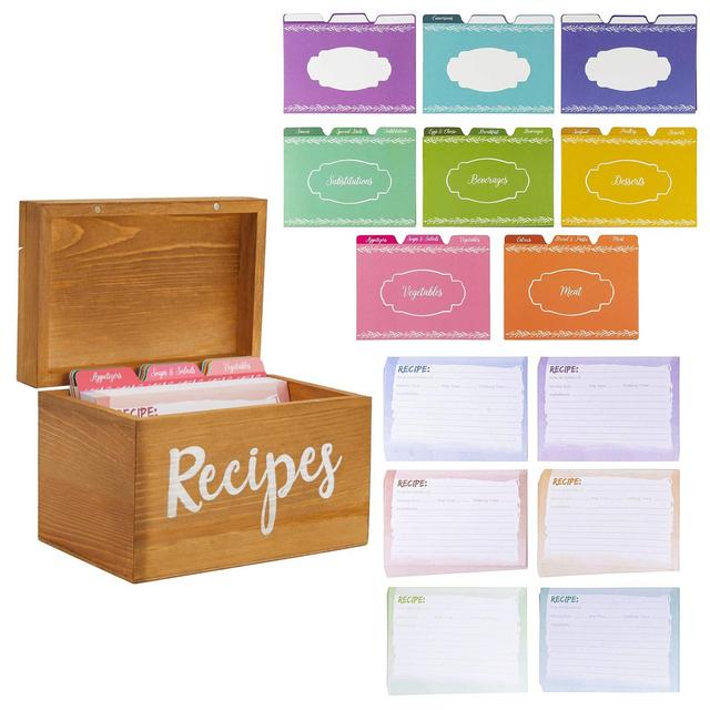 Juvale Wooden Recipe Box with 60 4x6 Cards, 24 Dividers with Tabs, and Meat, Veggie, Dessert, Beverage, Substitution, and Blank Sections, 7x5x5 in