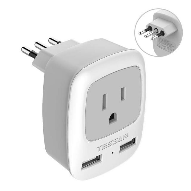 Italy Travel Power Adapter, TESSAN 3 Prong Grounded Plug with Dual USB Charging Ports, Type L Outlet Adaptor Charger for USA to Italy Uruguay Chile Italian