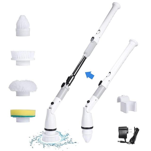 Electric Spin Scrubber Cordless Rechargeable Power Scrubber Shower Cleaning Brush with Adjustable Long Handle & 3 Replacement Brush Heads Household Cleaning Tool for Bathroom Bathtub Tile Floor