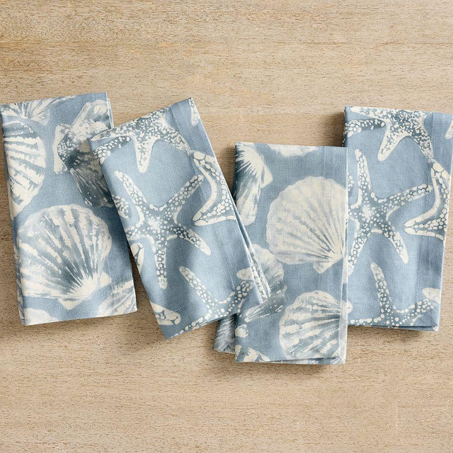 Shell & Starfish Organic Cotton Napkins, Mixed Set of 4 - Blue Multi