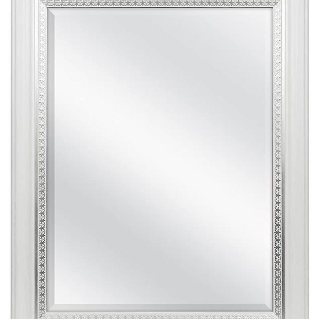 MCS 18x24 Inch Embossed Accent Wall Mirror, 23x29 Inch Overall Size, White Wood Grain with Silver Trim Finish