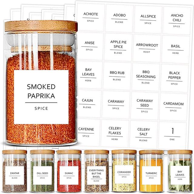 Talented Kitchen 184 Spice Jar Labels Preprinted. 184 Minimalist Black Text on Square White Label, Water Resistant Spice Labels Sticker. Seasoning, Herb Spice Rack Organization (184 Square Spices)