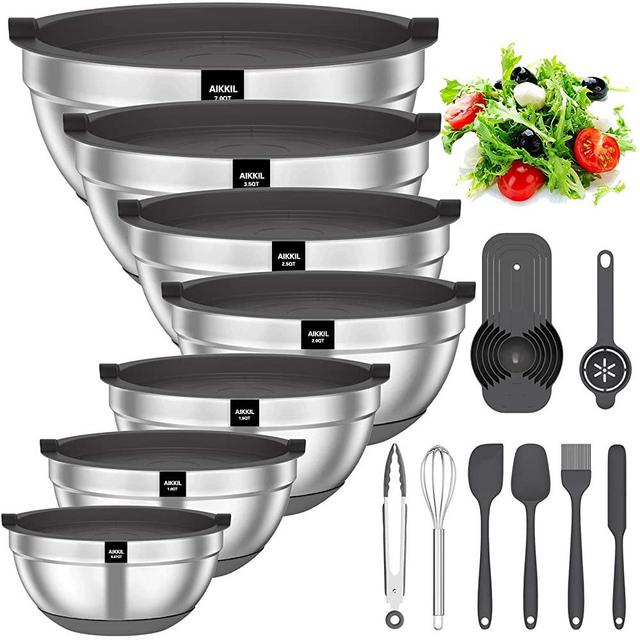 Mixing Bowls with Airtight Lids, 20 piece Stainless Steel Metal Nesting Bowls, AIKKIL Non-Slip Silicone Bottom, Size 7, 3.5, 2.5, 2.0,1.5, 1,0.67QT Great for Mixing, Baking, Serving (Grey)