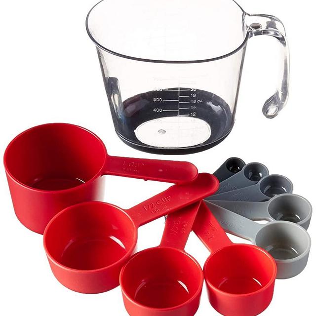 Tovolo Magnetic Nested System Cups & Spoons for Wet and Dry Ingredients, Cup Baking Set, Measuring Spoons & Cups for Cooking, Dishwasher-Safe & BPA-Free, Assorted Red/Gray