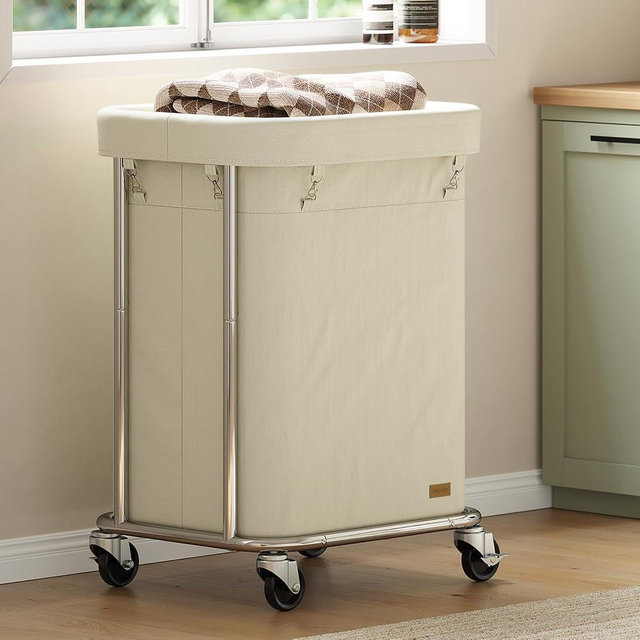 Nunsino Laundry Basket with Wheels 150L/40Gal, Rolling Laundry Hamper with Steel Fram and Removable Washing Bag,Laundry Sorter Cart for Laundry Room,Hotel,Dorm,Cream and Silver