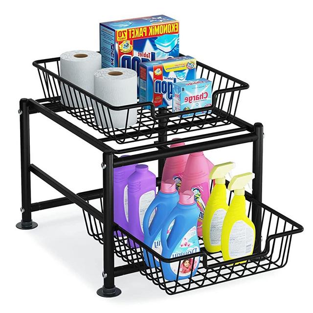 Under Sink Organzier, 1Easylife 2 Tier Sliding Cabinet Basket Under Sink Storage Pull Out Organizer Rack Black with Anti-slip Beads and Silicone Sucker Multi-purpose for Kitchen Bathroom