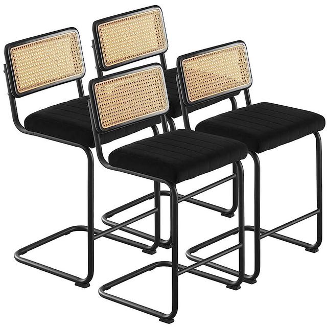 Counter Height Bar Stools Set of 4, 26" Rattan Counter Stool Velvet Upholstered Barstool with Cane Back & Metal Frame, Mid Century Modern Bar Chair Armless Kitchen Stool for Counter Island (Black)