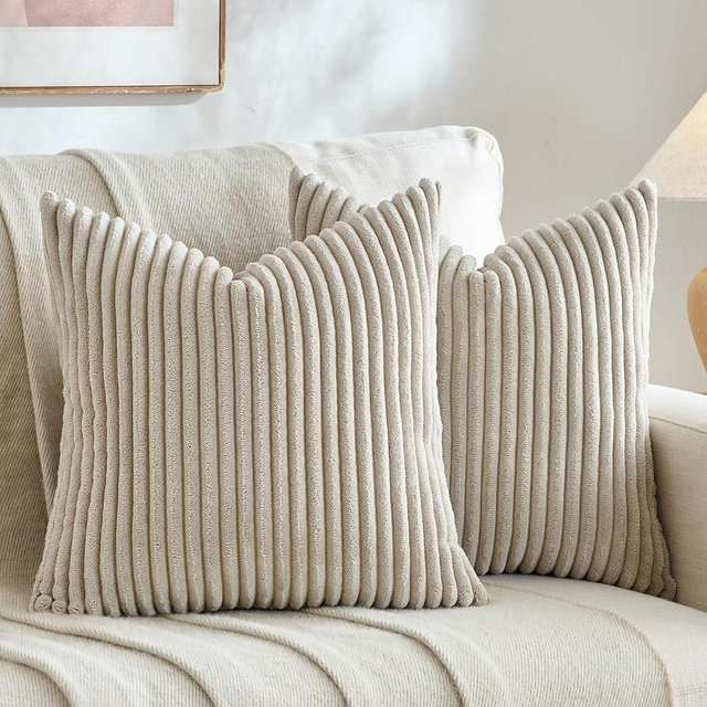 Fancy Homi Set of 2 Taupe Boho Decorative Throw Pillow Covers 18x18 Inch for Couch Bed Sofa, Aesthetic Modern Farmhouse Room Decor, Soft Fuzzy Fluffy Cozy Corduroy Textured Cushion Case 45x45cm