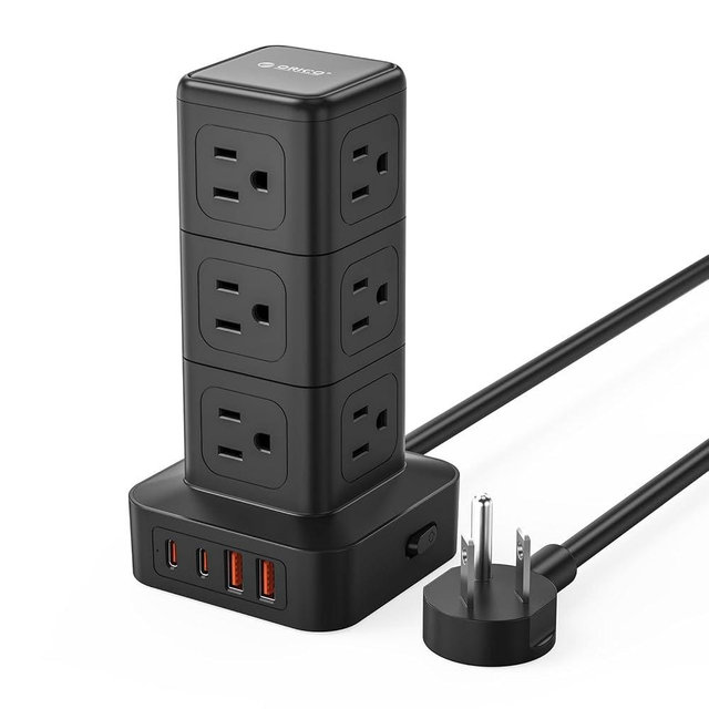 ORICO Tower Power Strip with Surge Protection, Charging Station Tower with 12 AC Outlets 4 USB Ports (2 USB C), Space Saving Design, 5FT Tower Extension Cord for Home, Office, Dorm - TPP20