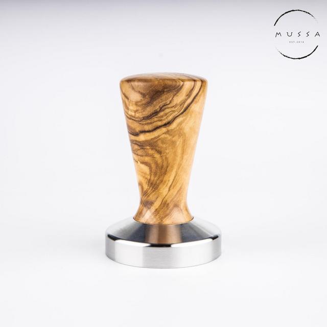 Espresso tamper, Engraved espresso tamper, Handmade espresso coffee tamper with stainless steel base, Model Aphrodite, Greek Olivewood