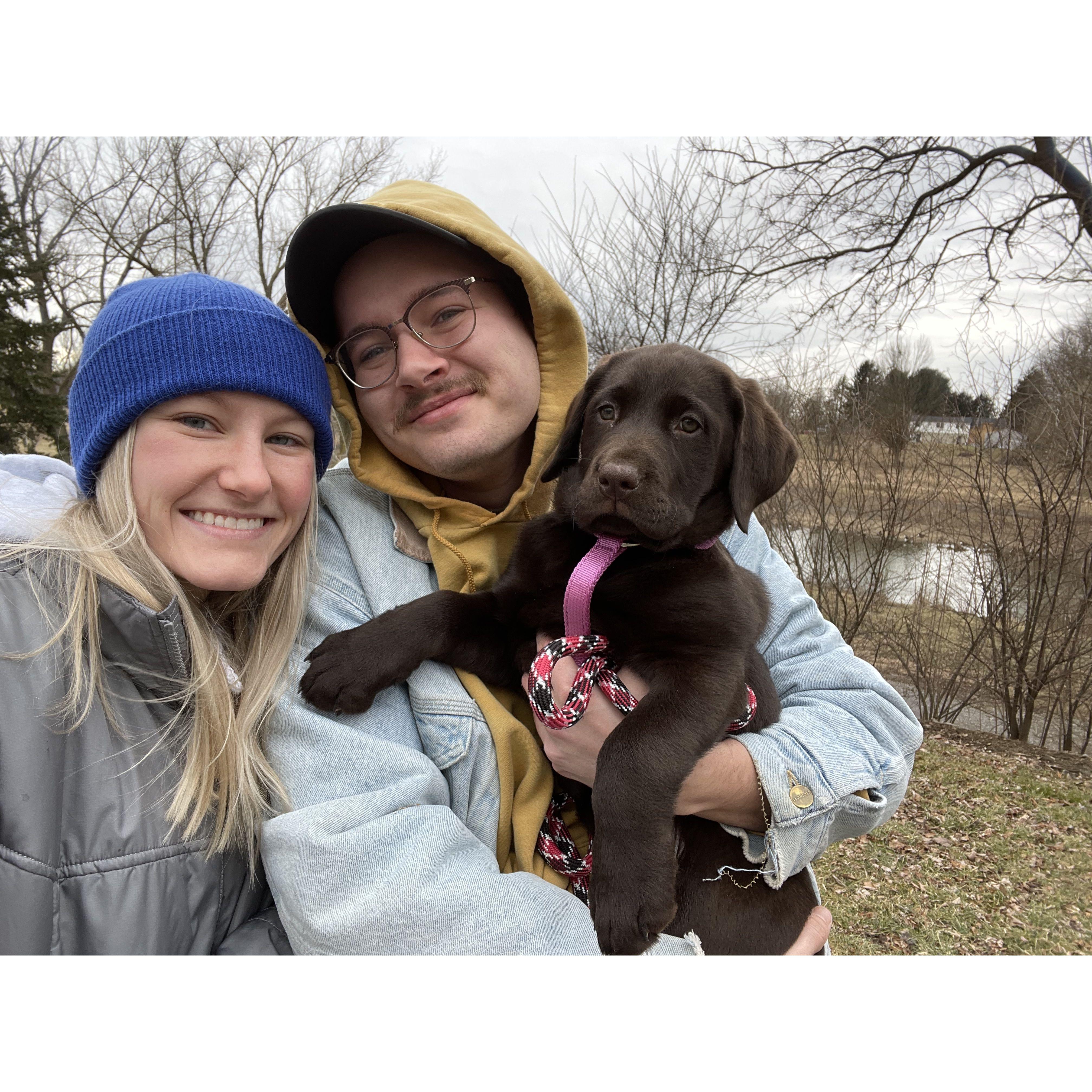 We got our first puppy, Winnie, in February 2022. She is a curious, playful, energetic, and very loving chocolate lab. Our favorite thing to do together is care for our girl.