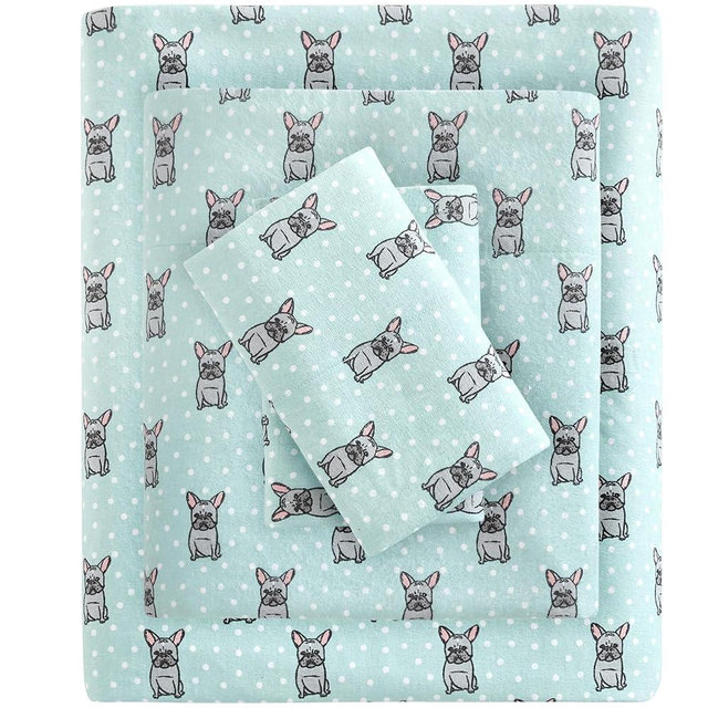 True North by Sleep Philosophy Cozy Flannel Warm 100% Cotton Sheet - Novelty Print Animals Stars Cute Ultra Soft Cold Weather Bedding Set, King, Aqua French Bulldog 4 Piece