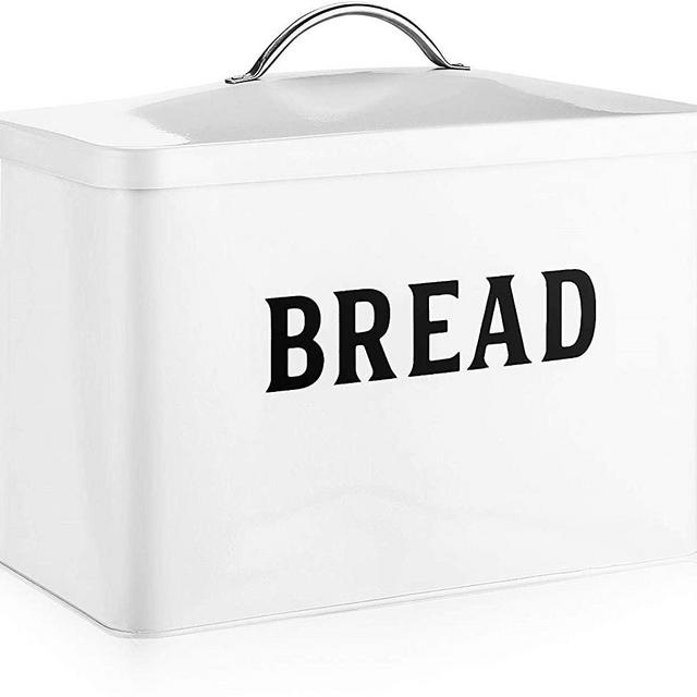 Metal Bread Box - Modern Farmhouse Style Bread Tin - White with Black Letters Storage Holder - Holds 2+ Loaves Extra Large Vintage Bread Container