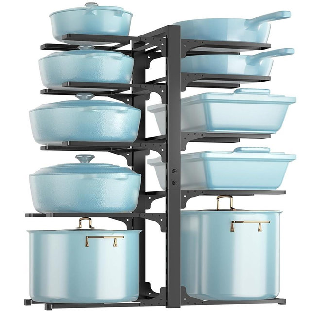 MUDEELA Pots and Pans Organizer Rack under Cabinet 23.62" Height, 10-Tier Adjustable Heavy Duty Pot and Pan Organizer Rack inside Cabinet for Kitchen Organizer Cast-iron Pans, Heavy Cookware