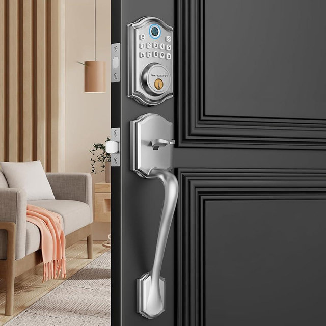 AkaGear DS10 Keyless Entry Door Locks - Keypad Lock with Handle Set, Fingerprint Deadbolt, Smart Locks for Front Doors, Auto-Lock & One Touch Locking, 2 Keys, Easy Installation - Satin Nickel