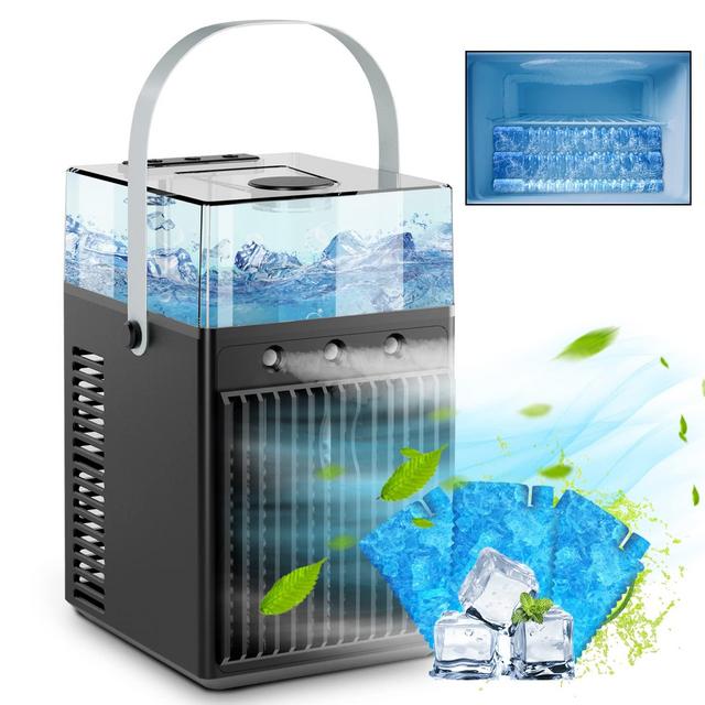 Desktop Air Cooler Fan,GROMOO Portable Air Conditioner Fan,4 In 1 AC Evaporative Desk Fan with Handle, Personal AC Humidifier Cool Mist Fan, Brushless Motor,730ML Water Tank,3 Speeds,For Room,Outdoors