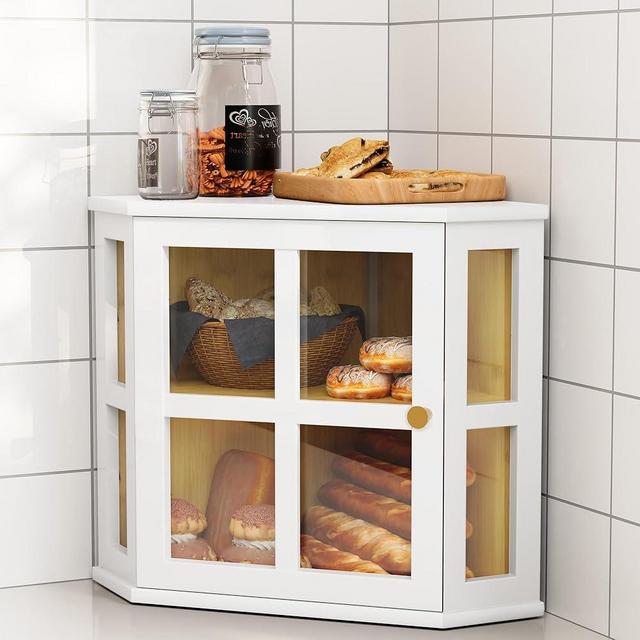 HOLTICO Bamboo Corner Bread Box for Kitchen Countertop, 2 Tier Bread Storage for Homemade Bread with Acrylic Door, Large Kitchen Counter Storage Bread Bin, White