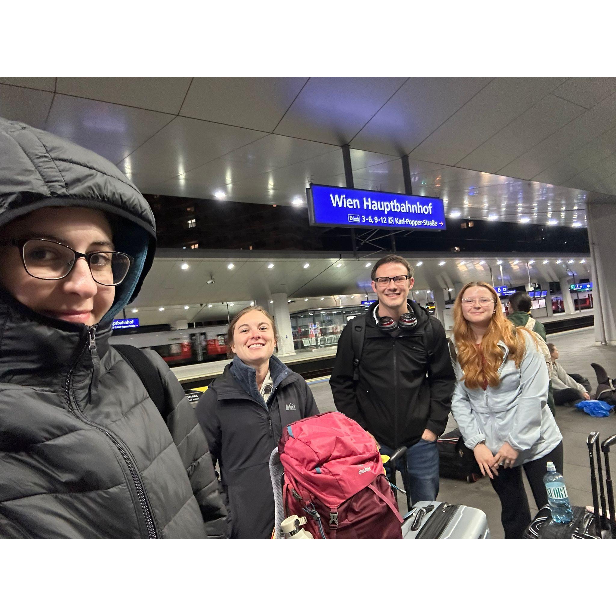 A group of us at the train station in Vienna, for the longest train ride of our lives...