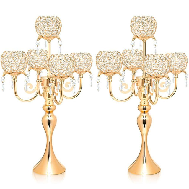 2 PCS Kehail Crystal Table Decoration Gold Candle Holder with Pendant, 5 Arm Candelabra Holder Beautiful Hollow Engraved Table Centerpiece for Christmas, Thanksgiving, Weddings, Holiday Parties