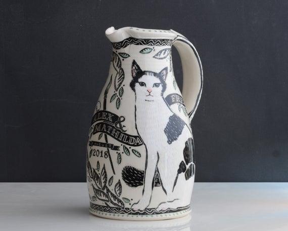 CUSTOM CAT PITCHER: Made to order, your cat/s (or anything actually!) sgraffito-illustrated in detailed on a unique wheel-thrown jug