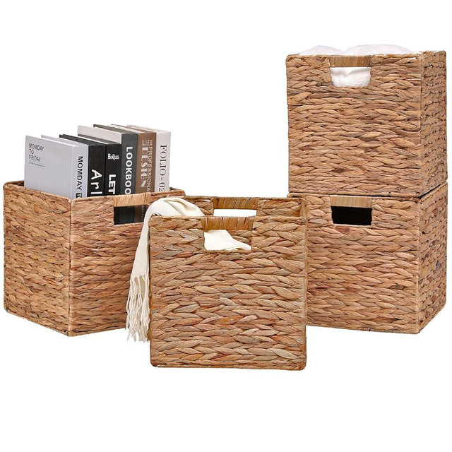 NWSHO65 Wicker Storage Cubes 11.2x11.2x11.2inch Cube Baskets Set of 4 Pcs,Collapsible Water Hyacinth Baskets,Handwoven Storage Baskets for Shelves,Kitchen or Outdoor