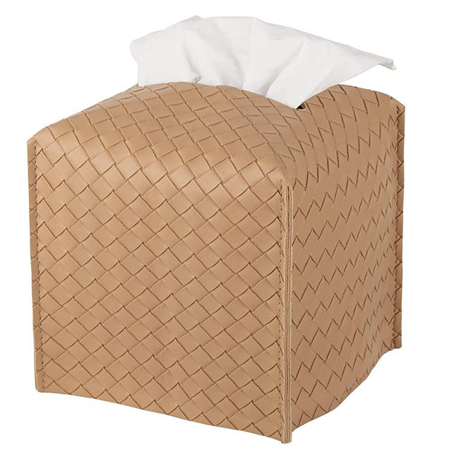 Tissue Box Cover PU Leather Tissue Holder Square Facial Tissue Case Facial Paper Organizer Dispenser for Bathroom, Vanity Countertop, Tabletop, Car, Khaki