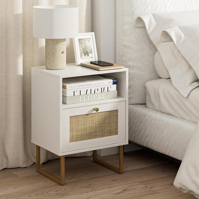 Masupu Rattan Nightstand,Modern Boho Farmhouse Wood Bedside Table with Storage Drawer and Open Shelf,Small Gold Frame Side End Table for Bedroom,Living Room,Office(White)