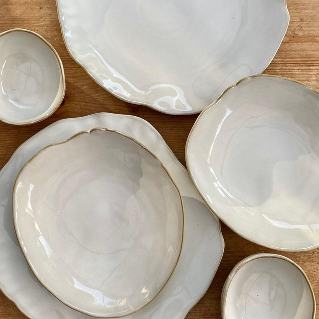 6 Piece Dinner Set Luxury dining set for 2 - beige irregular neutral reactive glaze plate, shallow bowl & tapas bowl set. 10 inch plate
