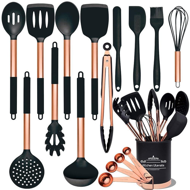 Silicone Kitchen Utensils Set, 17Pcs Non-Stick Silicone Cooking Utensils Set, Heat Resistant Rose Gold Kitchen Utensil Set with Holder