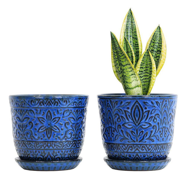 Gepege 6 Inch Ceramic Planter, Blue Plant Pot with Drainage Holes and Saucers for Indoor Plants, Birthday for Women Mom