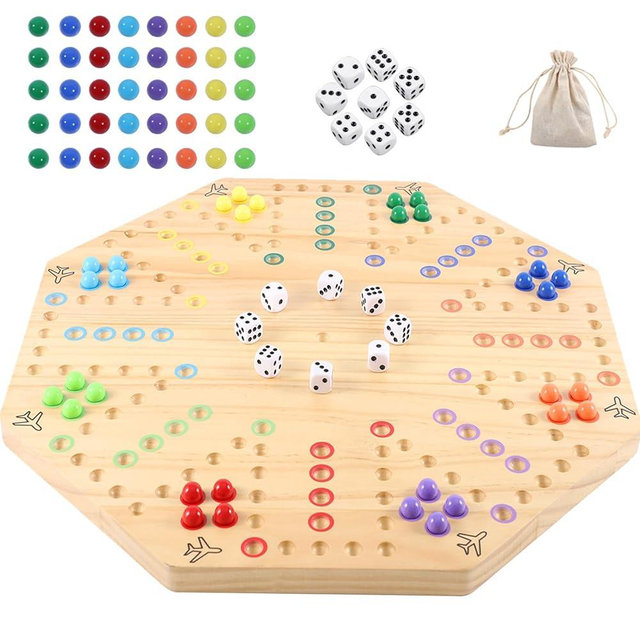 HOROW Wahoo Board Game Wooden Original Board Game Classic 2 Side Painted Fast Track Game for 6 Player and 8 Player with 32 Marbles,8 Dices for Family Game Night(8-Player,Log)