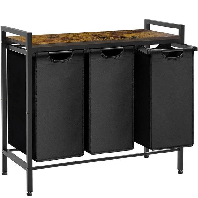 Whoonba Large Laundry Hamper Sorter with 3 Removable & Pull-Out Sorting Bags, Wooden Top Shelf, Versatile Laundry Basket Organizer for Laundry Room, Bathroom, Dorm, 8 * 3 Gal, Black